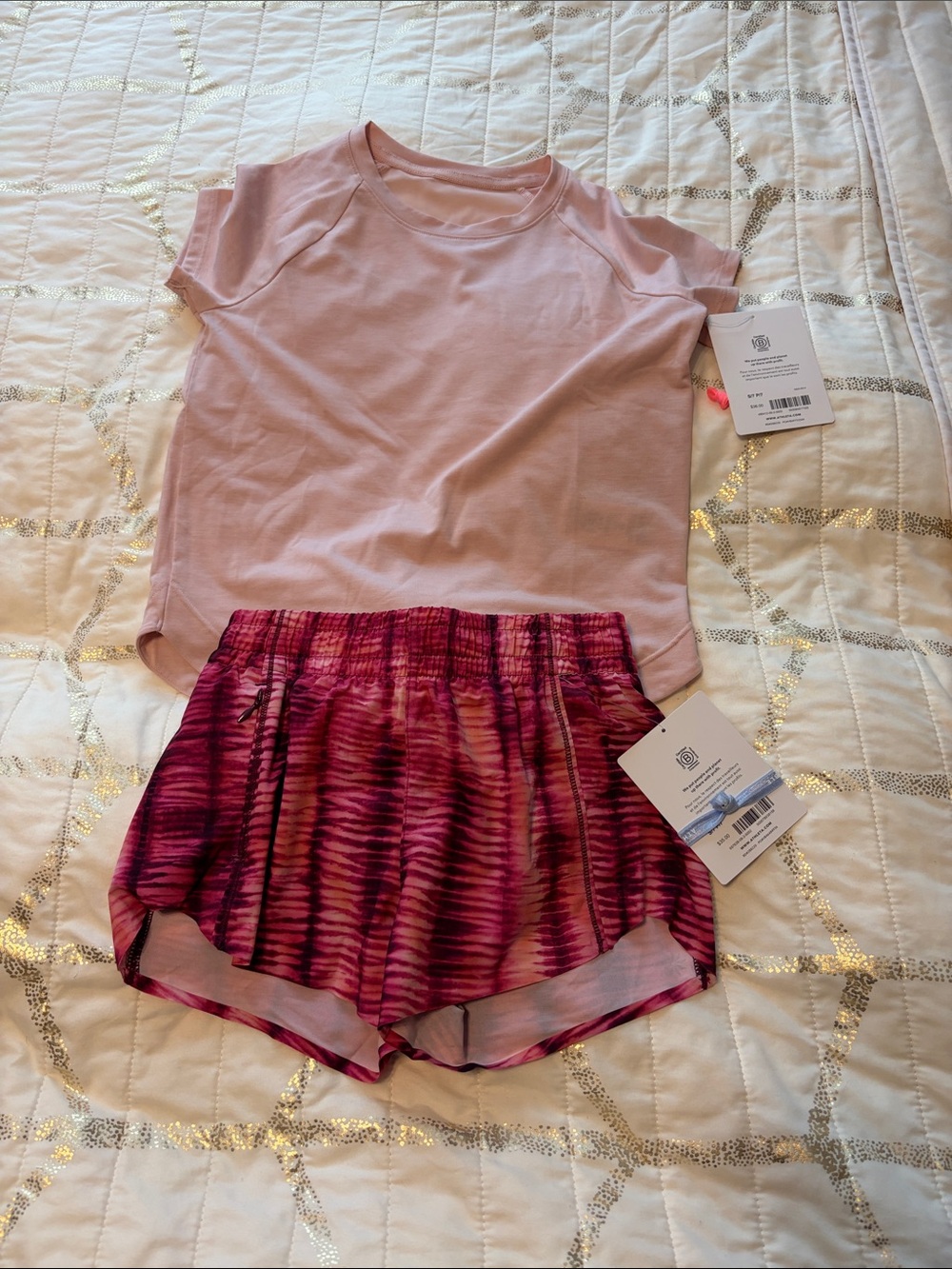 Athleta Light Pink Tee with Magenta Tie-Dye Shorts